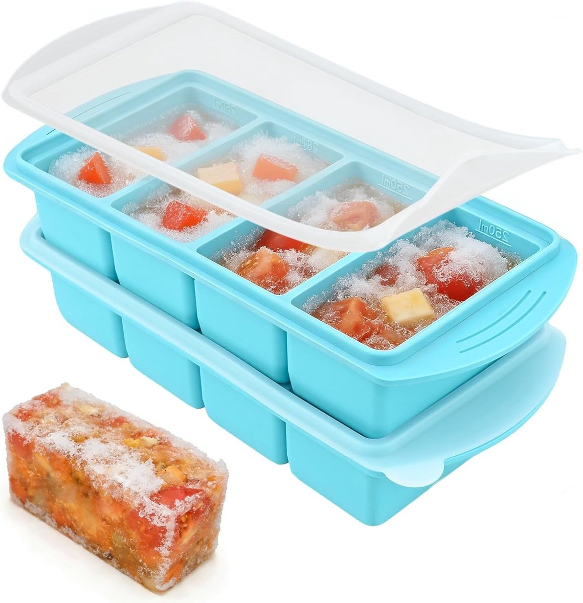 Extra grote soepcontainers voor invriezen, 2-pack siliconen vriesvormen met deksel, 4-compartimenten maaltijdvoorbereiding en opslag voor 8 kopjes soep