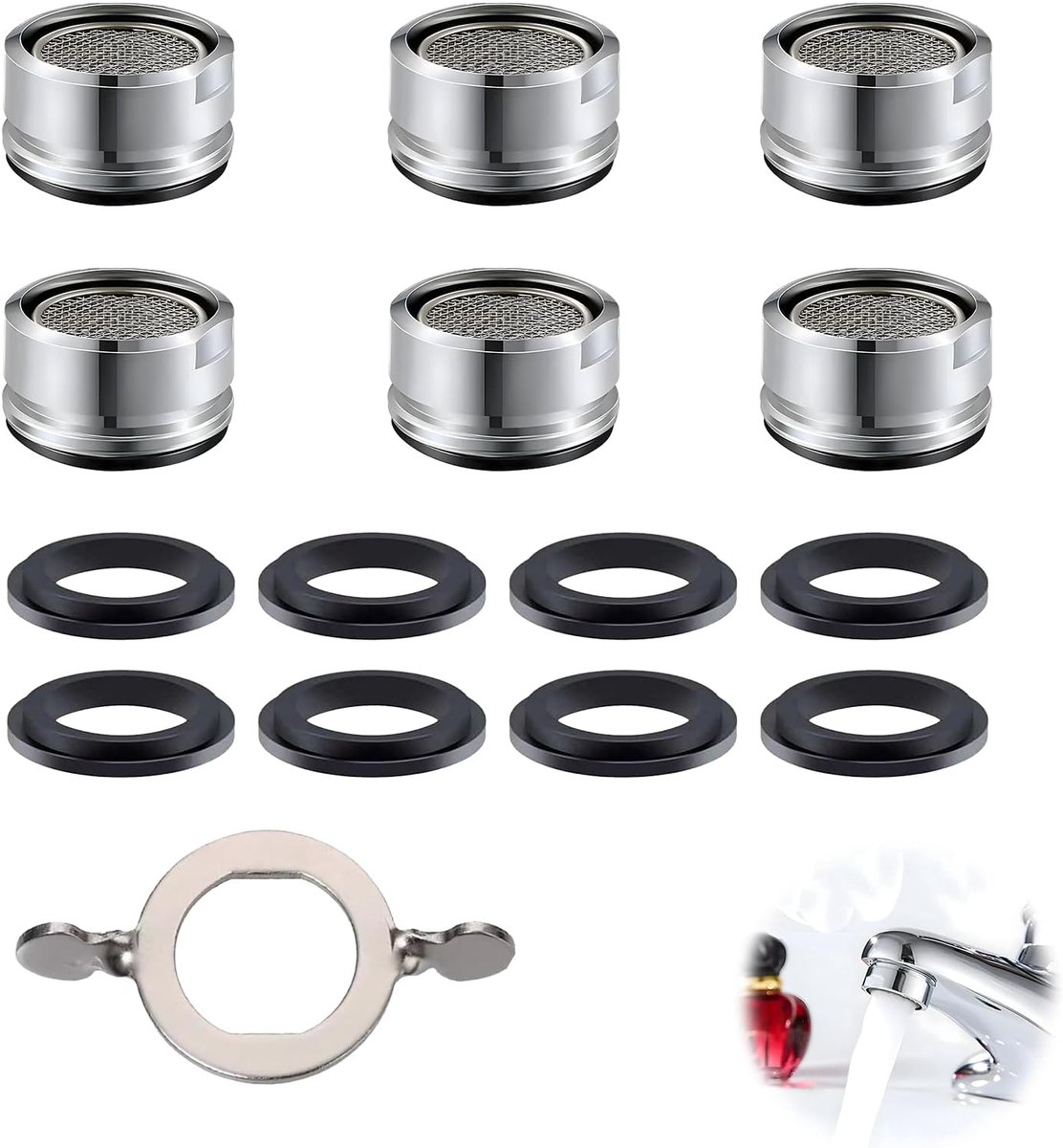 SnelShoppen - Pack van 6 M24 Luchtbevochtiger Waterbesparende Afneembare Bubble Brush met RVS Filter, Inclusief 2 Seals en 1 Sleutel voor Badkamer, Ke