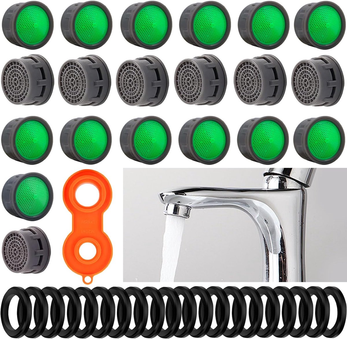 SnelShoppen - 20 Stuks Waterkraan Jet Regulatoren, Kraanfilter voor Keuken en Badkamer, Inclusief 20 Zwarte Ringen, Waterbesparend en Vuilfilterend