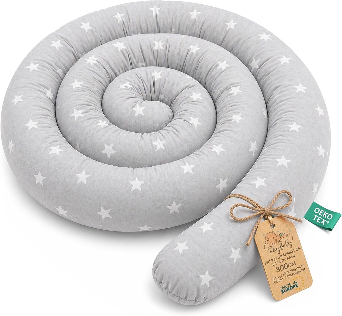 SnelShoppen - XXL Bed Snake 300 cm, Decoratieve Bedrol, Ziekenhuis Kussen, Handgemaakt Grijs met Witte Sterren, Oeko-Tex Certificaat, Ideaal voor Kind