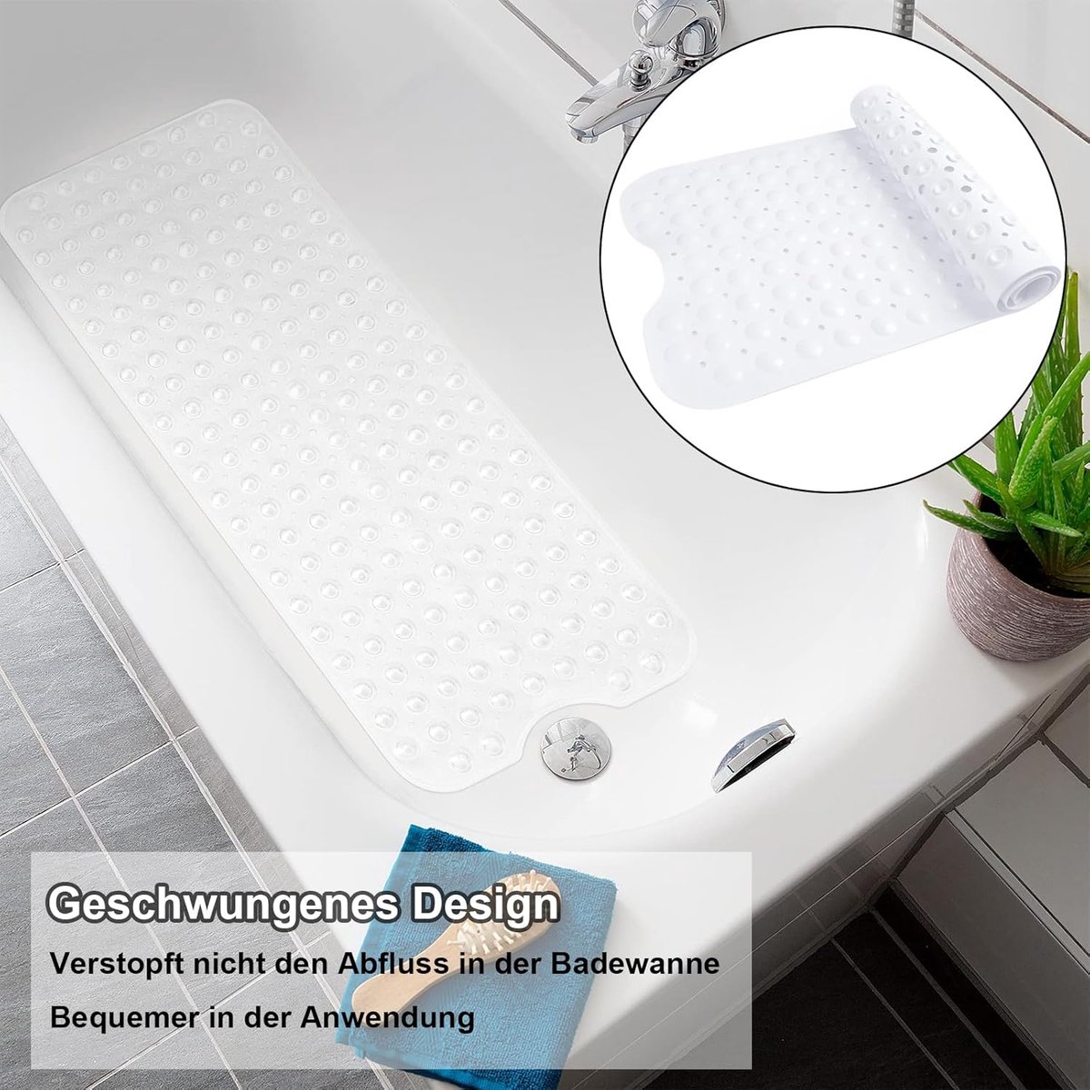 SnelShoppen - Non-Slip Douchemat 100 x 40 cm met Zuignappen, Antislip Badmat voor Badkuip, Douchemat met Afvoergaten, Steentjes Design, Transparant Wi