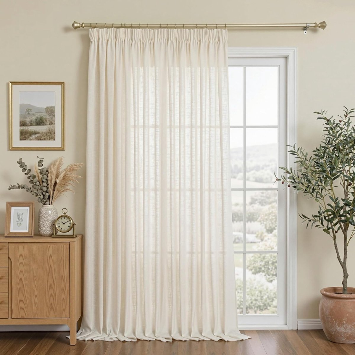 SnelShoppen - Leinen Gordijnen voor Woonkamer - Semi-Transparante Gordijnen met Kreukelband - Korte 1-Piece H 260 x W 300 cm - Beige - Perfect voor Ki