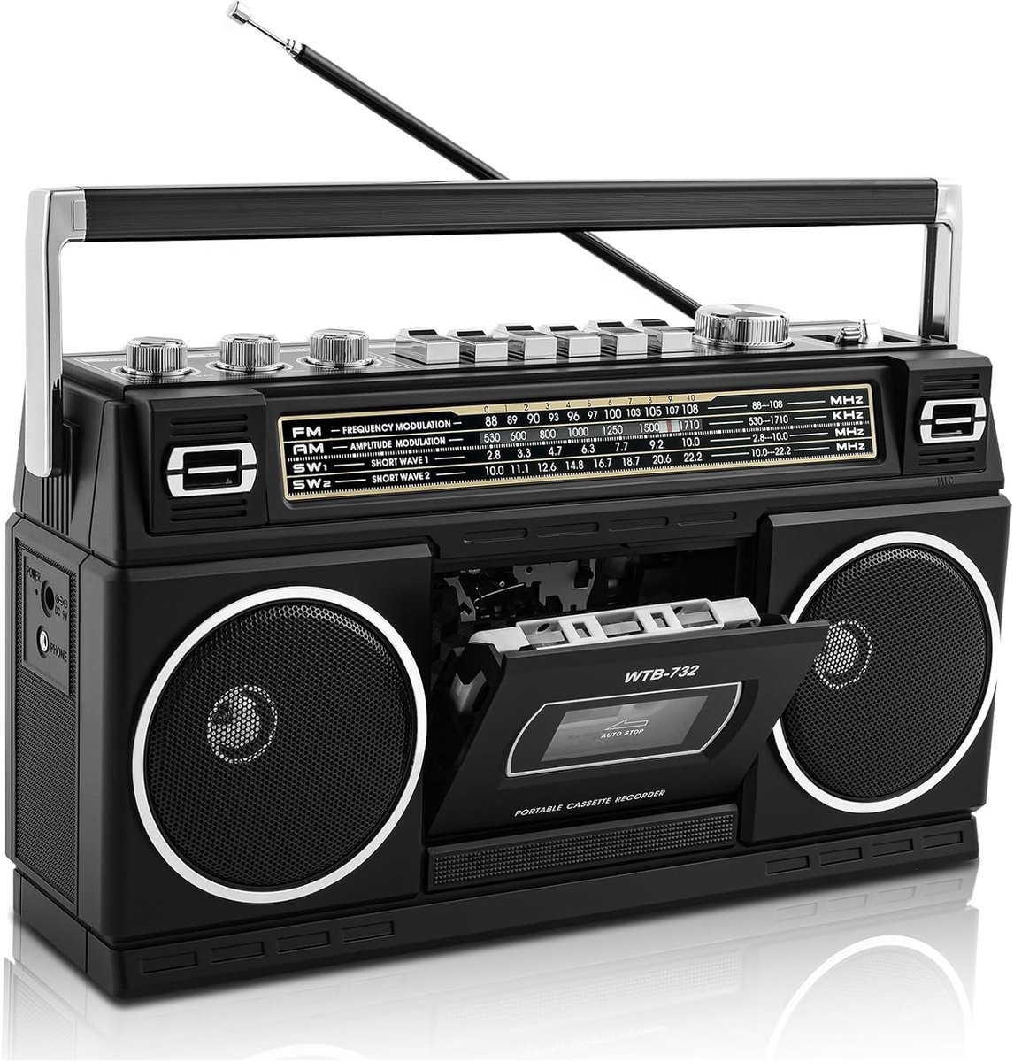 SnelShoppen - Retro Boombox 80s met Bluetooth, Cassette Speler, AM/FM/SW Radio, 24W Bass Geluid, USB/Micro SD Ondersteuning, Draagbaar voor Feest, Cam