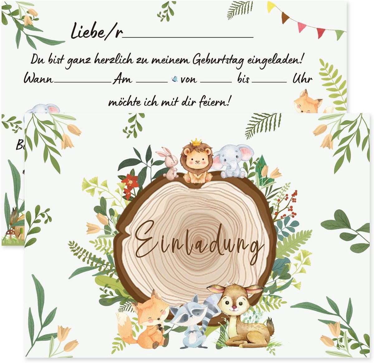 SnelShoppen - Kinderverjaardagsuitnodigingen Safari Dieren, Uitnodigingen voor Jongens en Meisjes, Leeuw en Olifant Design, 10 Stuks, Hoogwaardige Kaa