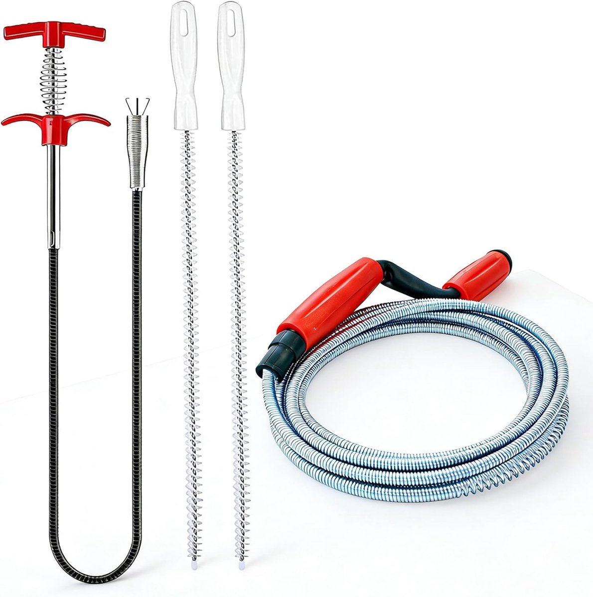 SnelShoppen - 4-in-1 Pipe Cleaning Spiral Set - 5m Drain Cleaner, 1.5m Gripper, 2x Drain Brush - Professioneel en Effectief voor Toilet, Basins, Badku