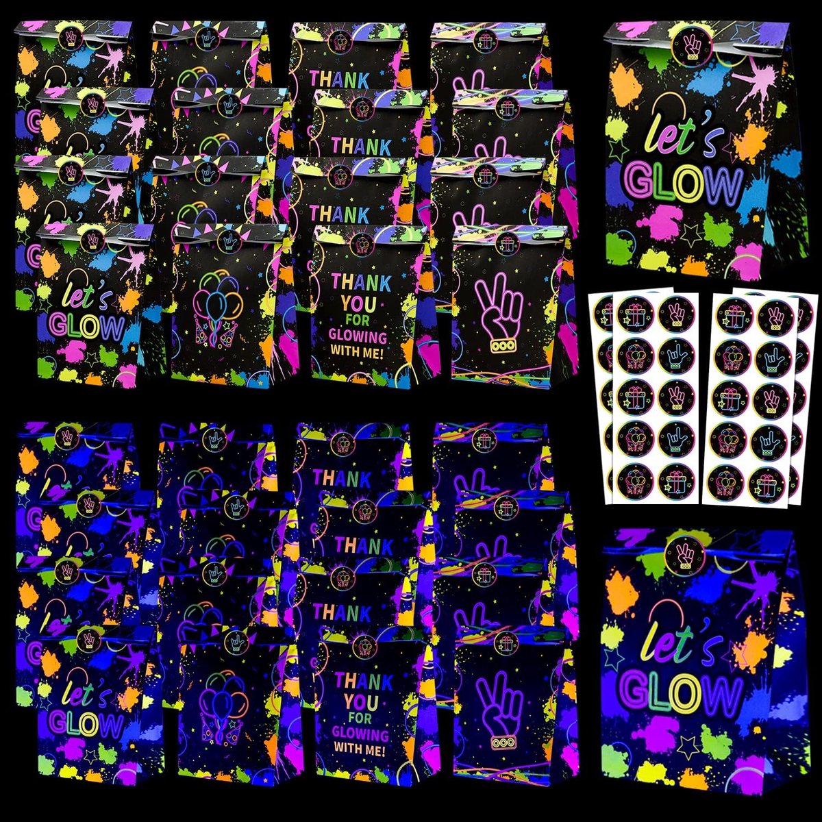 SnelShoppen - Glow Neon Party Gift Bags - 40 Stuks Fluorescerende Goodie Bags met Stickers - Papieren Treat Bags voor Donker Verlichte Feestjes, Verja