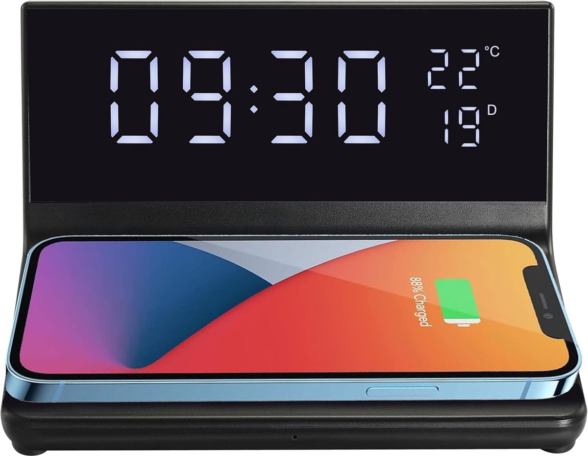 SnelShoppen - Digitale wekker met LED-display, draadloos snel opladen, thermometer, kalender, snooze, USB-laadpoort, instelbare helderheid, 12/24 uur,