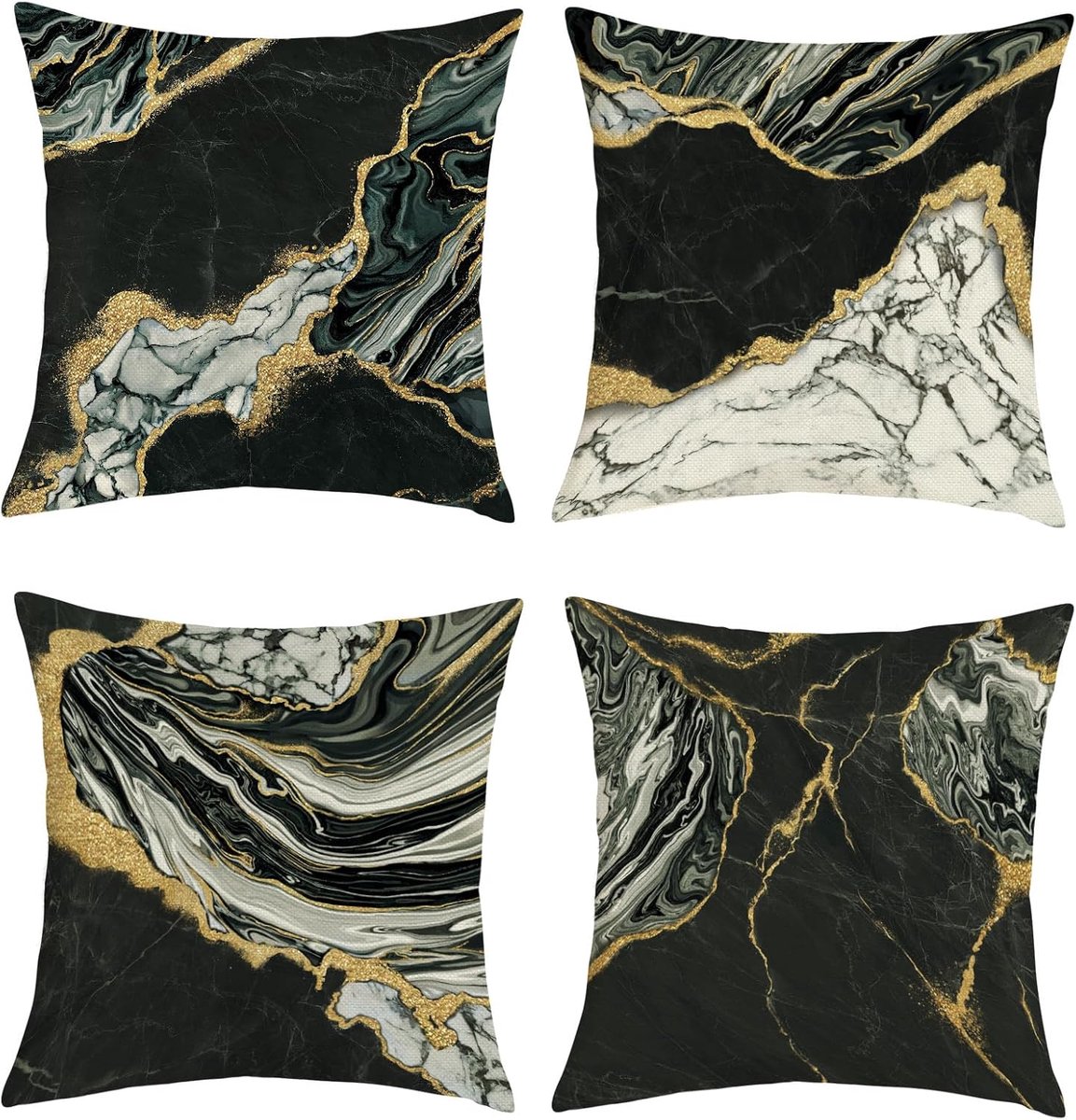 SnelShoppen - Black and Gold Marble Kussenhoezen 45 x 45 cm Set van 4 - Modern Abstract Marmer Patroon - Decoratieve Sofa Kussens met Onzichtbare Rits