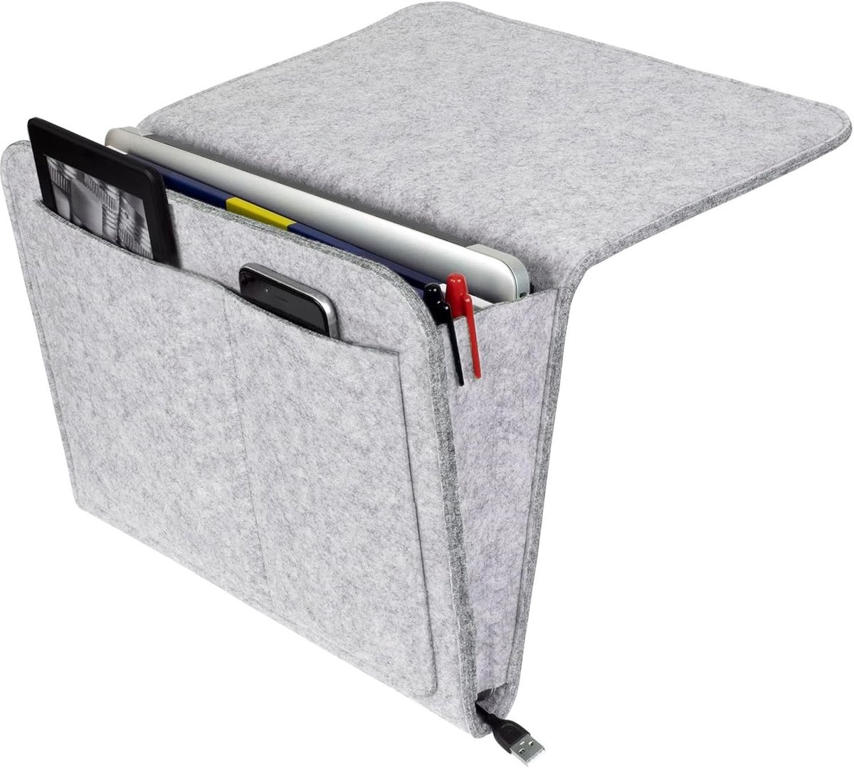 SnelShoppen - Felt Bed Caddy Organizer - Dikke Vilt Bedside Bag voor Boeken, Tijdschriften, iPad, Mobiele Telefoon, Afstandsbediening - Lichtgrijs Mul