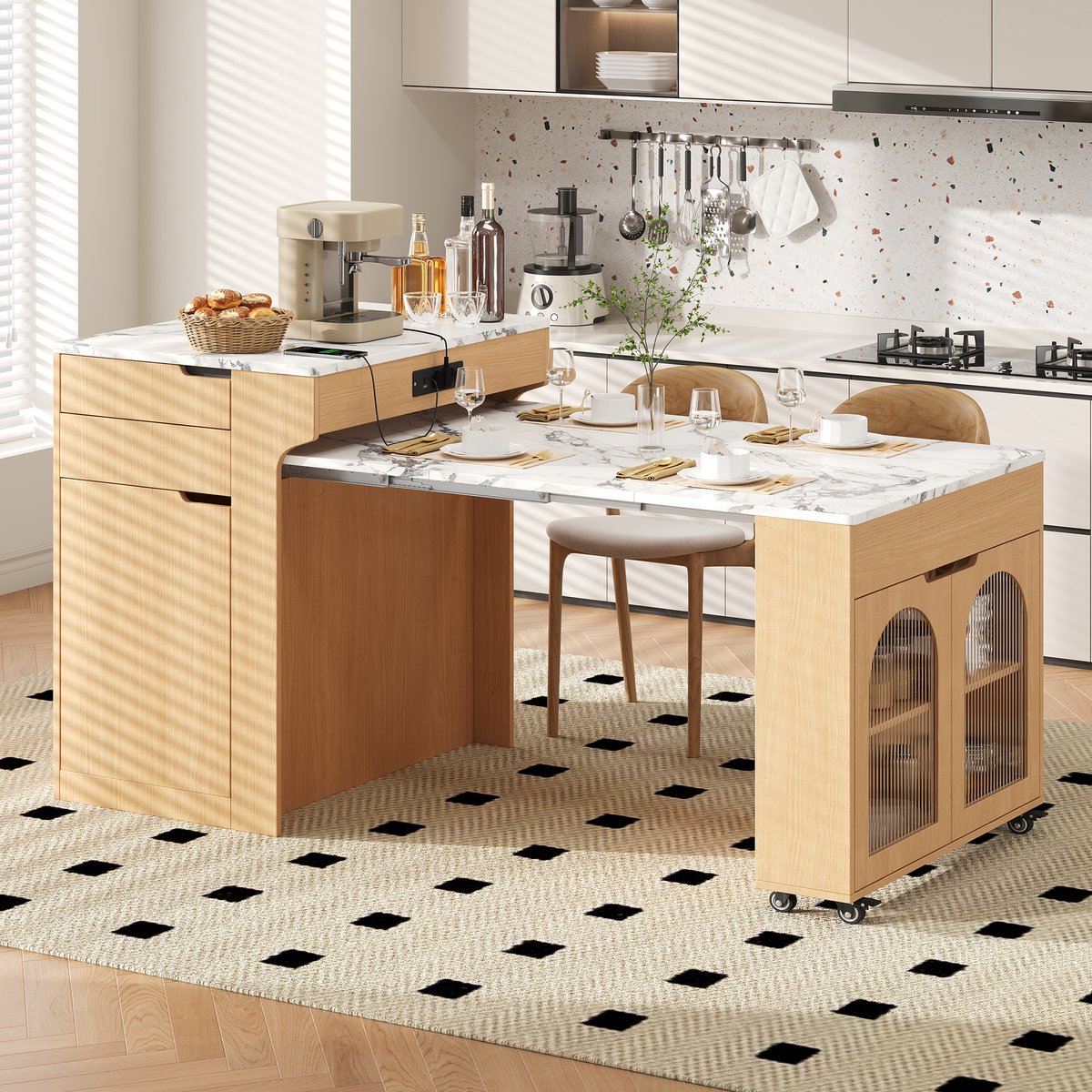 HAUSS SPOLE Keukeneiland Met Uitschuifbare Eettafel En Wielen Met Stekkerdoos En 2 Lades Voor Keuken En Eetkamer Natural 153 Cm