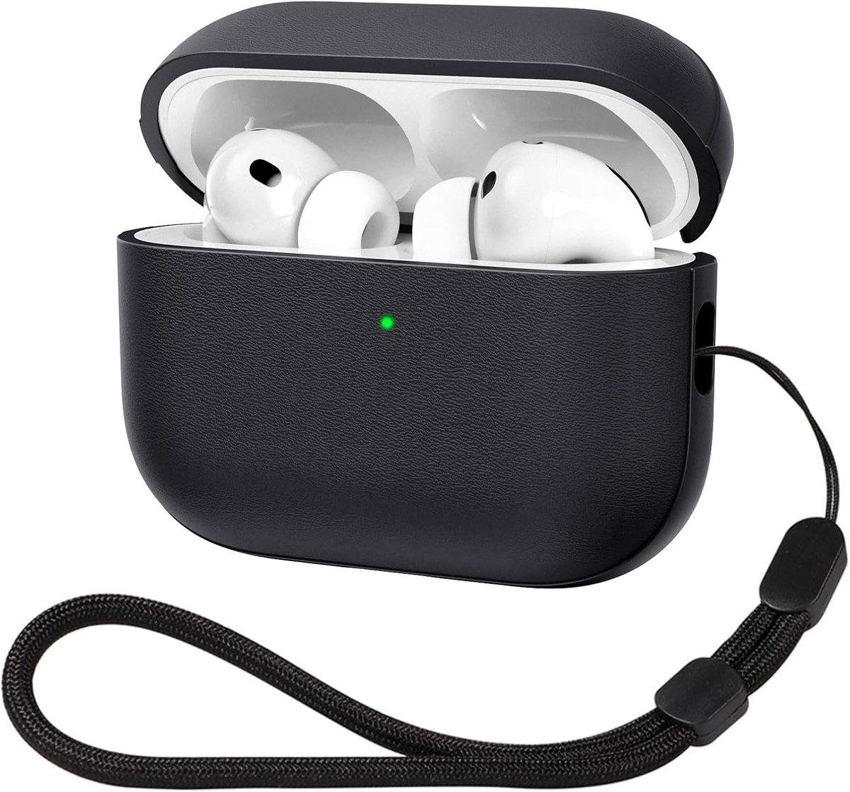 SnelShoppen - ACRONIX Airpods Pro 3 Hoesje (2025), TPU Leer Shockproof Beschermcase met Lanyard en LED Zichtbaar, Zwart, Perfecte Pasvorm voor Airpods