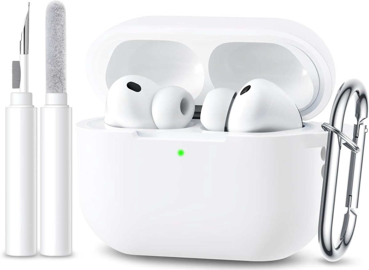 SnelShoppen - Shockproof Silicone Case voor AirPods Pro 3 - Perfecte Pasvorm met Carabiner en Schoonmaakset - Wit - Bescherming voor 2025 Model