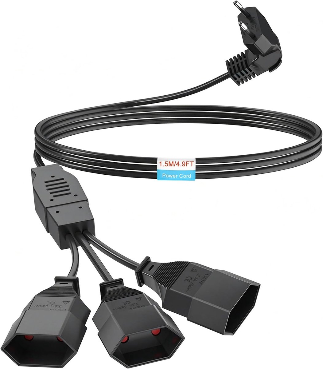 SnelShoppen - 1.5 m Power Cable Extension 3-in-1 Euro Plug naar Triple Type C Socket, 0.75 mm² Max. 2.5 A/250 V voor TV PC Monitor Projector Lamp - Zw