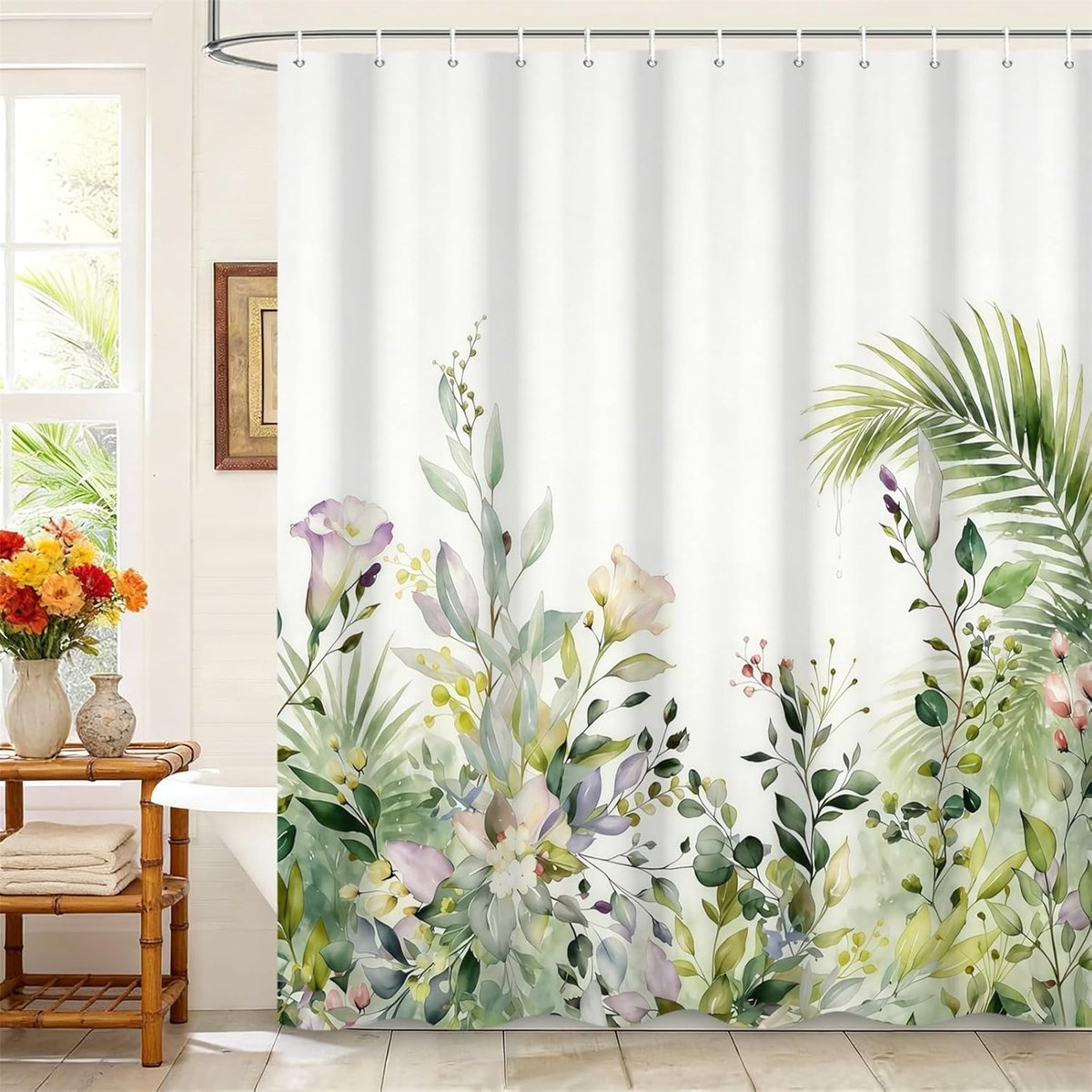 SnelShoppen - Douchegordijn 180x200cm met Plastic Haakjes - Groen Lush Planten en Bloemen - Waterdicht Polyester - Voor Badkamer, Badkuip en Douche