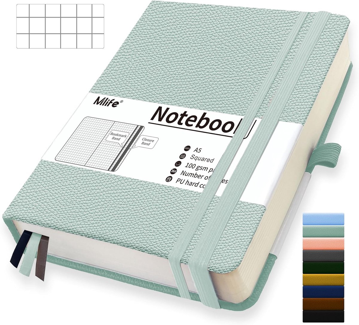 SnelShoppen - A5 Notitieboek, Dikke Hardcover, 360 Pagina's, 100g/sqm Papier, Met Vouwvakje, Voor Kantoor, School, Thuis, Blauw Groen