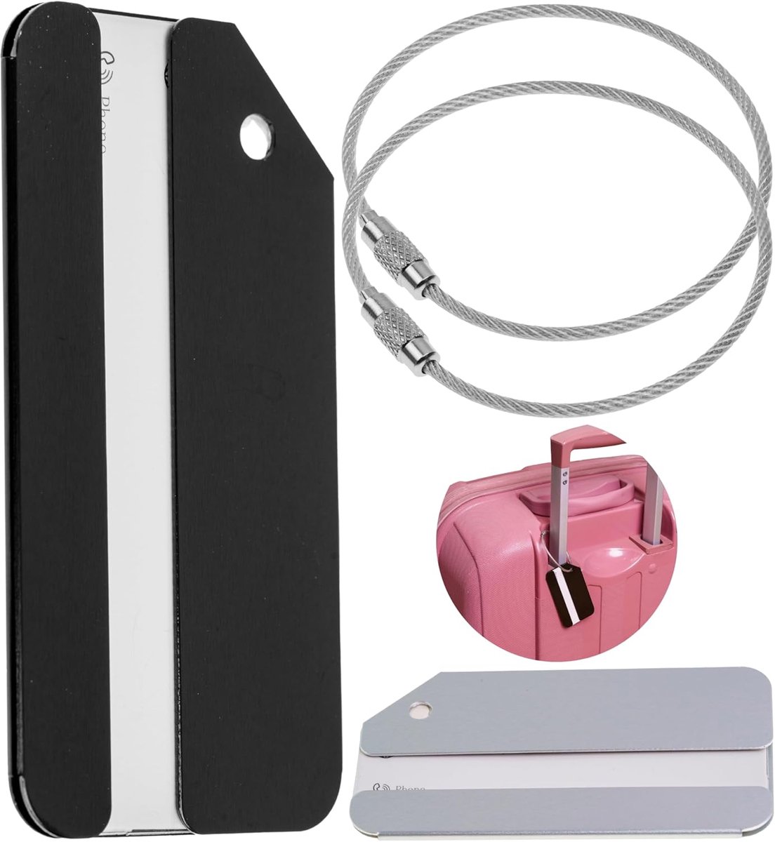 SnelShoppen - Premium Kofferlabel Set van 2 - Zwart + Zilver Aluminium, Met Adreslabel voor Vliegtuigreizen, Cruises, Veilig Luggage Tag, ID Label, Ba
