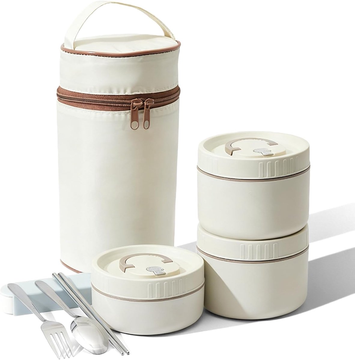 SnelShoppen - Thermo-Lunch Box 3-delig, Geïsoleerde Bento Box 1800ml, Rvs 304, Stapelbare Thermo Container met Tas en Bestek, Perfect voor Thuis en Op