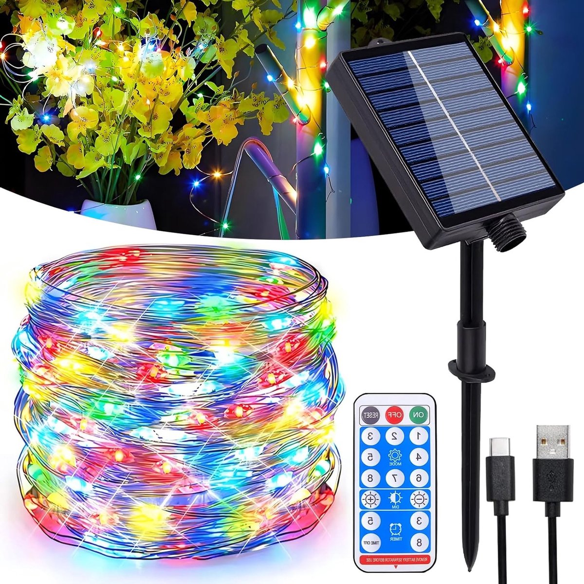 Zonne-energie Fairy Lights voor Buiten, 30m, 300 LEDs, Koperdraad, IP65 Waterdicht, Afstandsbediening, 8 Verlichtingsmodi voor Kerst- en Balkonversiering