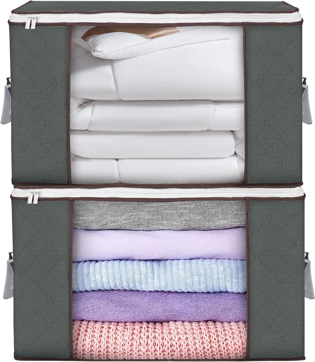 SnelShoppen - 2 Stuks 90L Opbergzakken voor Kleding, Dekens en Speelgoed - Ruime Opslagzakken met Ritssluiting en Stevige Handvatten - Grijs