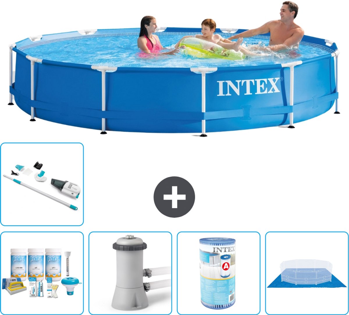 Intex Rond Frame Zwembad - 366 x 76 cm - Blauw - Inclusief Onderhoudspakket - Zwembadfilterpomp - Filter - Grondzeil - Stofzuiger - 6-delig