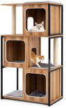 Kattenboom met 3 etages, naturel houtkleurige blokken met openingen, sisal krabpaal en grijze kussens. Een witte kat zit in een bovenste blok, een oranje kat loopt op een platform.
