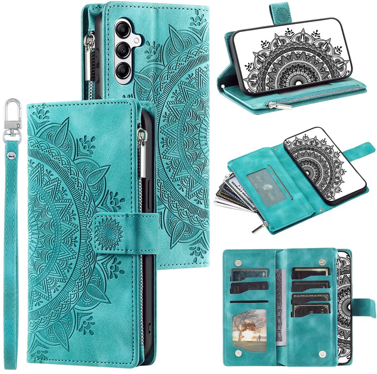 Telefoonhoesje geschikt voor Samsung Galaxy A27 5G - Portemonnee met rits - book-case hoesje - ruimte voor 8 pasjes - mandala groen