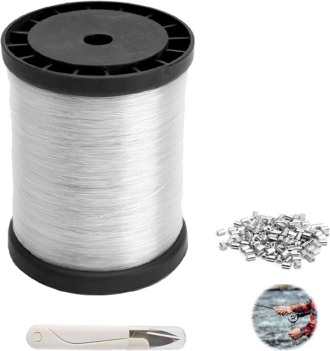 SnelShoppen - Transparante Nylon Draad 0.8 mm x 200 m - Sterke Universele Vislijn - Scheurvast - Inclusief 1 Schaar en 120 Aluminium Crimp Sleeves - P