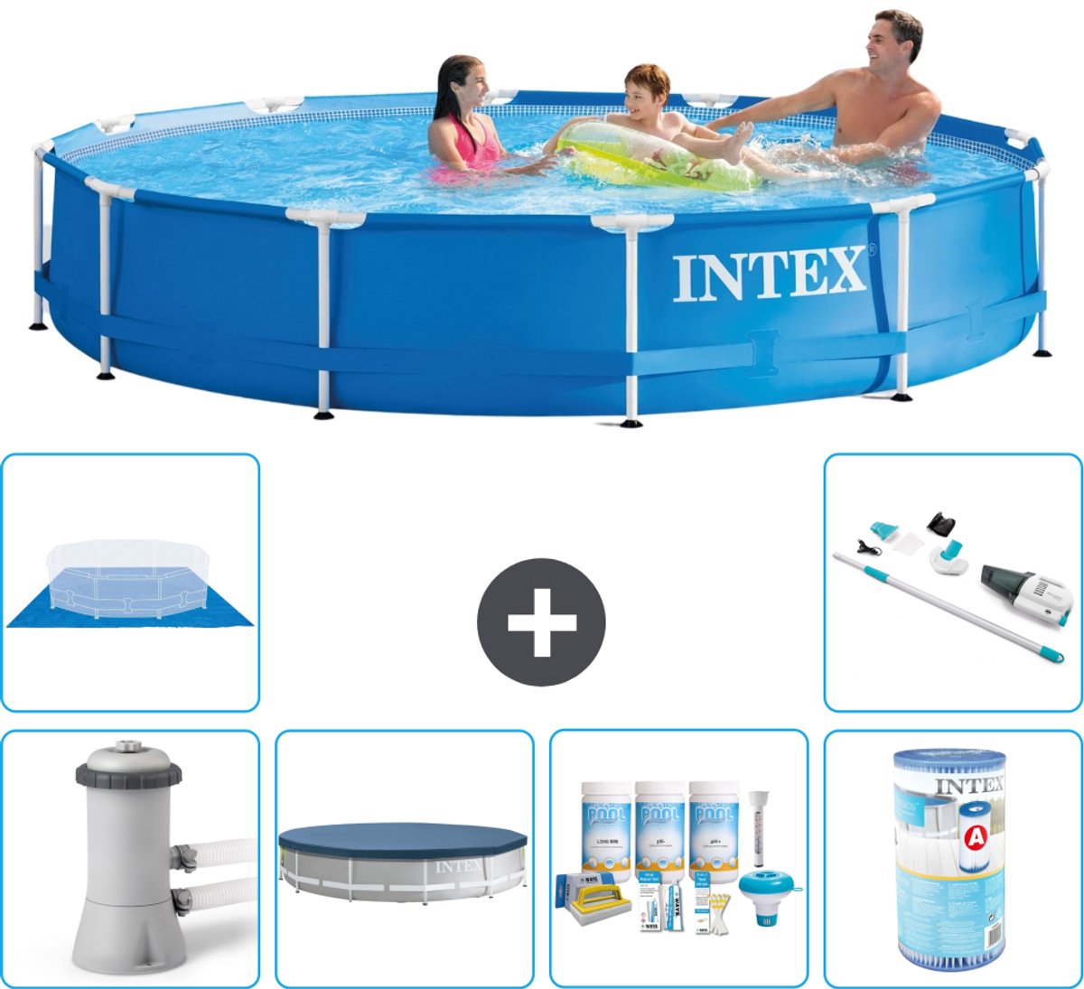 Intex Rond Frame Zwembad - 366 x 76 cm - Blauw - Inclusief Pomp - Afdekzeil - Onderhoudspakket - Filter - Grondzeil - Stofzuiger - 7-delig