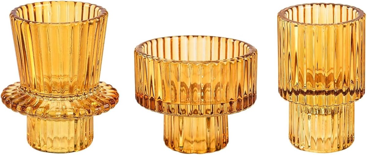 SnelShoppen - Candle Holder Set 3x Amber, Modern Glas Kaarsenhouder, Theelichthouder, Kandelaar voor Huis, Diner, Bruiloft, Feest, Festival