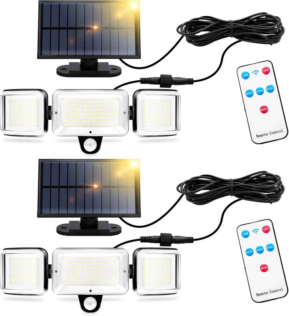 SnelShoppen - Solar Lights Buiten Wandlamp op Zonne-energie met Bewegingssensor, 224 LEDs, 1600 Lumen, 5m Kabel, 4 Modi, Afstandsbediening voor Tuin,