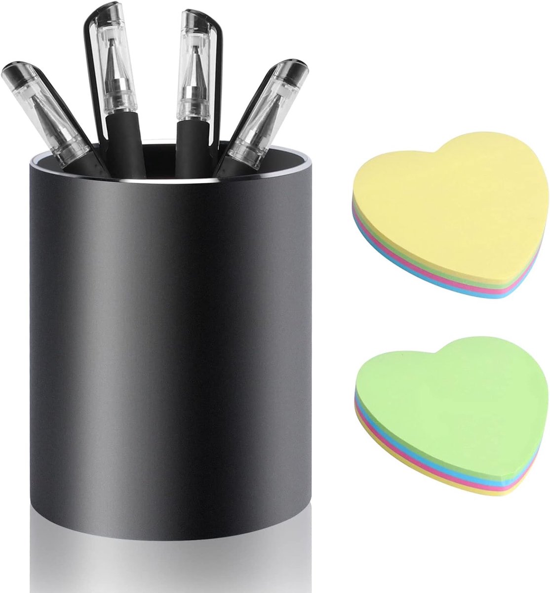 SnelShoppen - Desk Pen Holder Aluminium Penhouder met 200 Vellen Notitieblok, Ronde Bureau Organiser voor Thuis, School, Kantoor (8x10cm, Zwart)