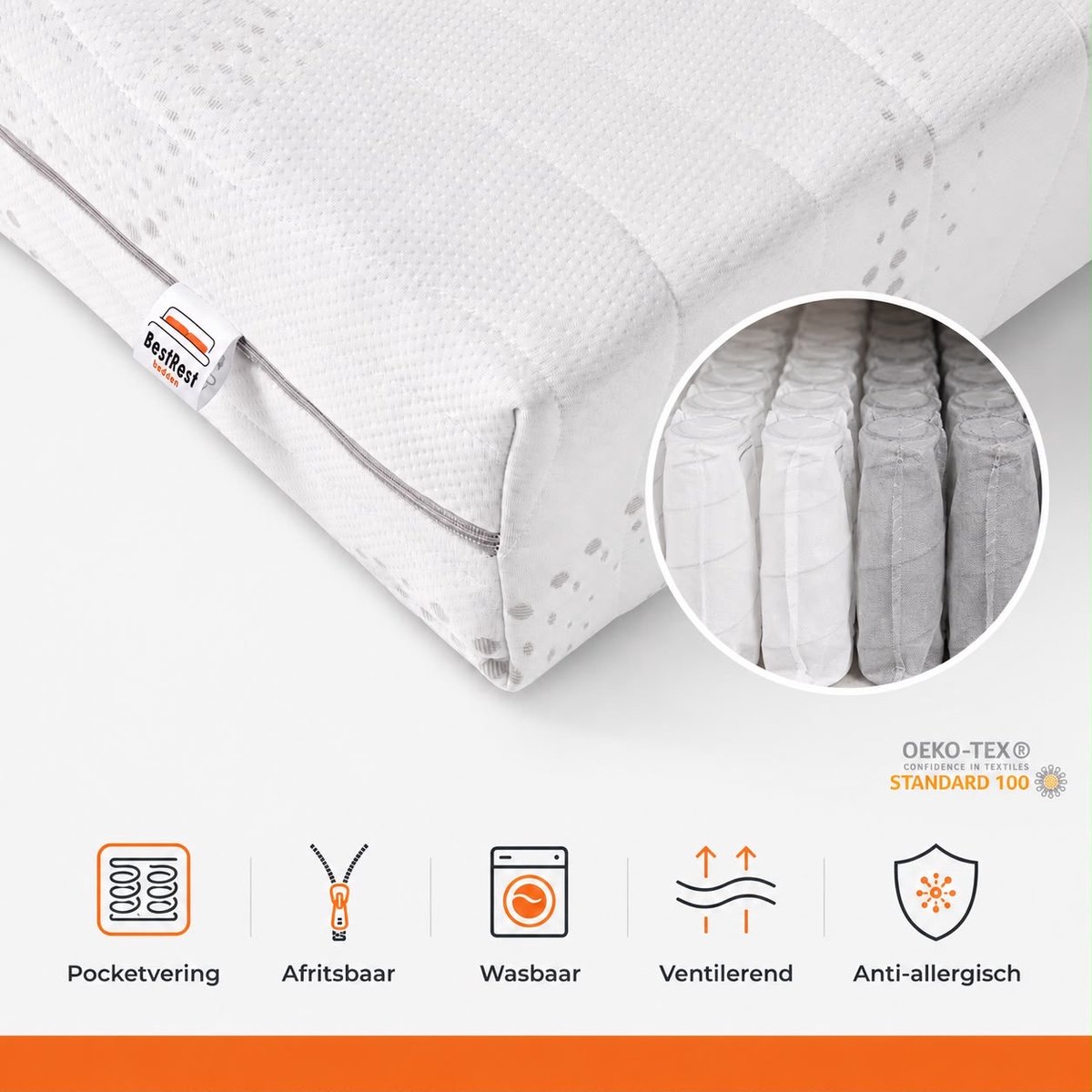 Bestrest Bedden Pocketvering matras HR koudschuim Hybrid 7 zones - Koudschuim matras geveerd - medium ligcomfort - ca. 21cm matrasdikte - 140x210cm - Bestrest bedden Wit