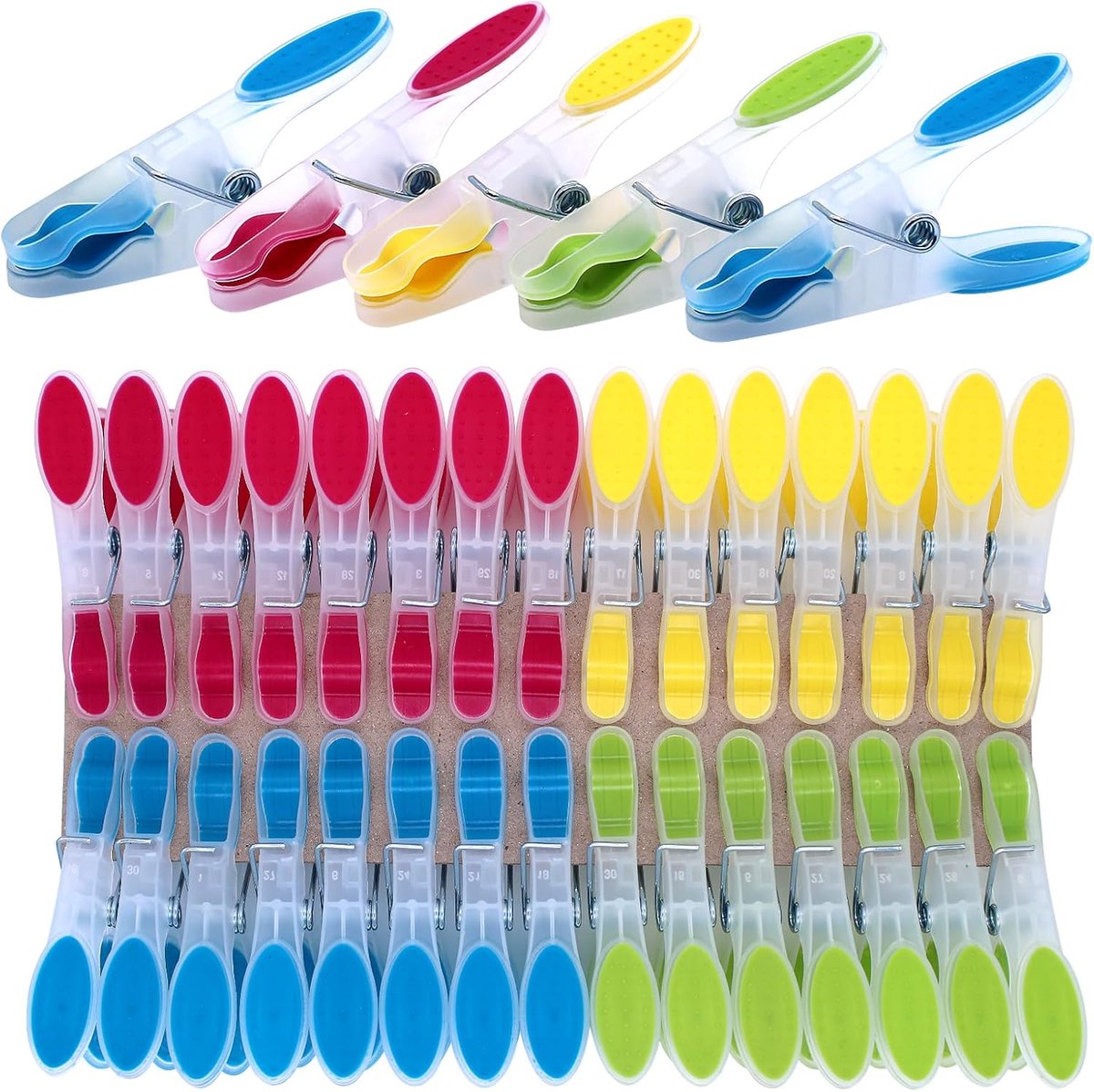 SnelShoppen - 30 Stuks Kleurige Wasknijpers - Weerbestendige Plastic Klemmen met Softgrip voor Kleding, Handdoeken, Sokken - 8.3 x 4 cm in Blauw, Geel