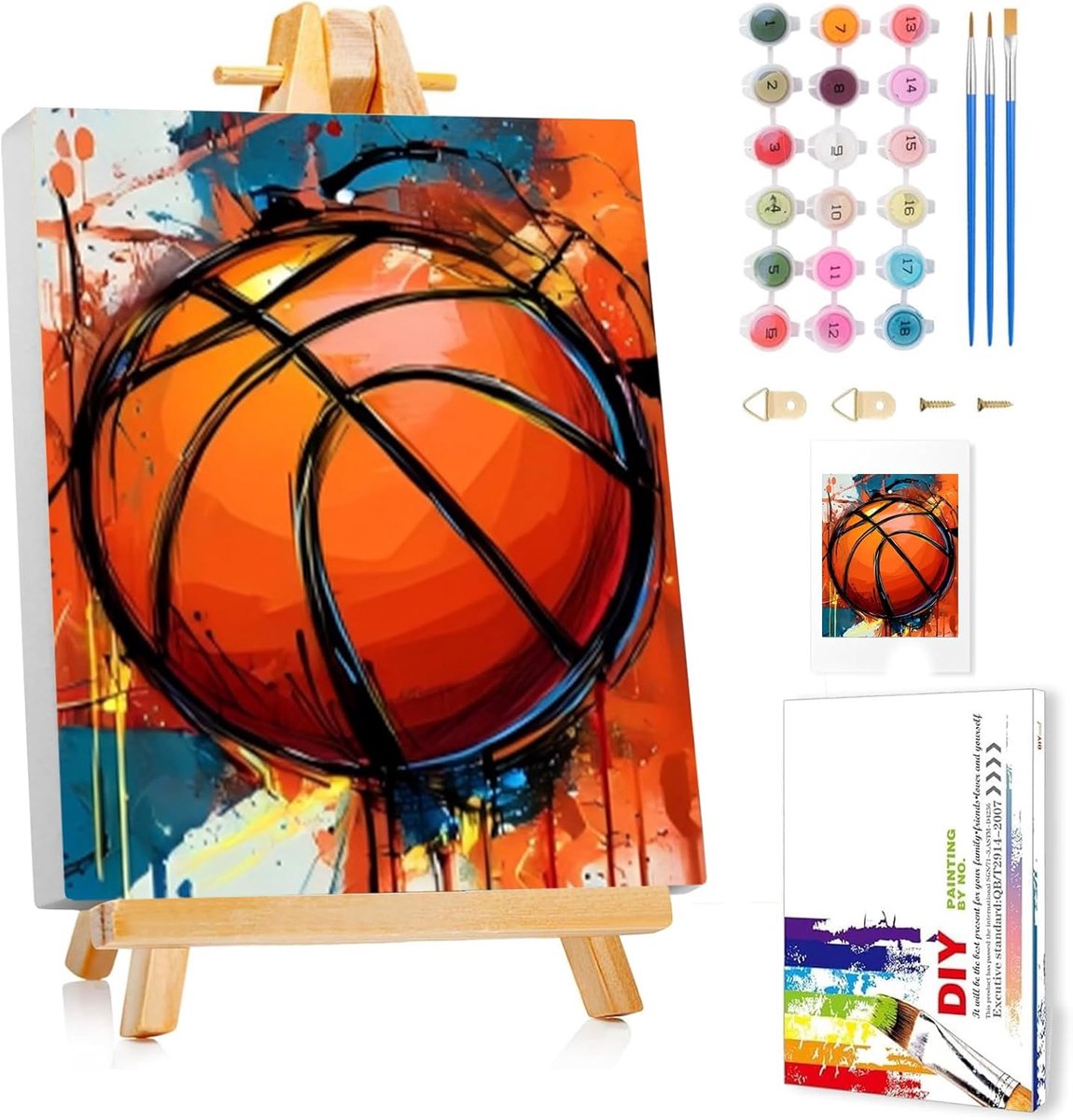 SnelShoppen - Basketball Schilderen op Nummer voor Kinderen met Lijst en Easel - Schilderset voor Jongens en Meisjes van 5 tot 10 Jaar - 24 x 30 cm