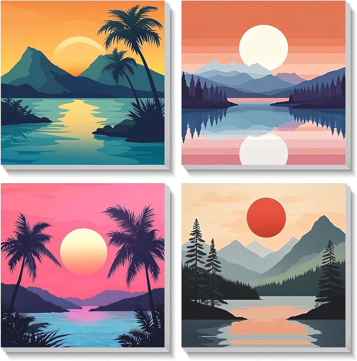 SnelShoppen - Set van 4 Strand Schilderen op Nummer Sets voor Kinderen, Zonsondergang Schilderen op Canvas voor Volwassenen en Beginners, Acryl Verf v