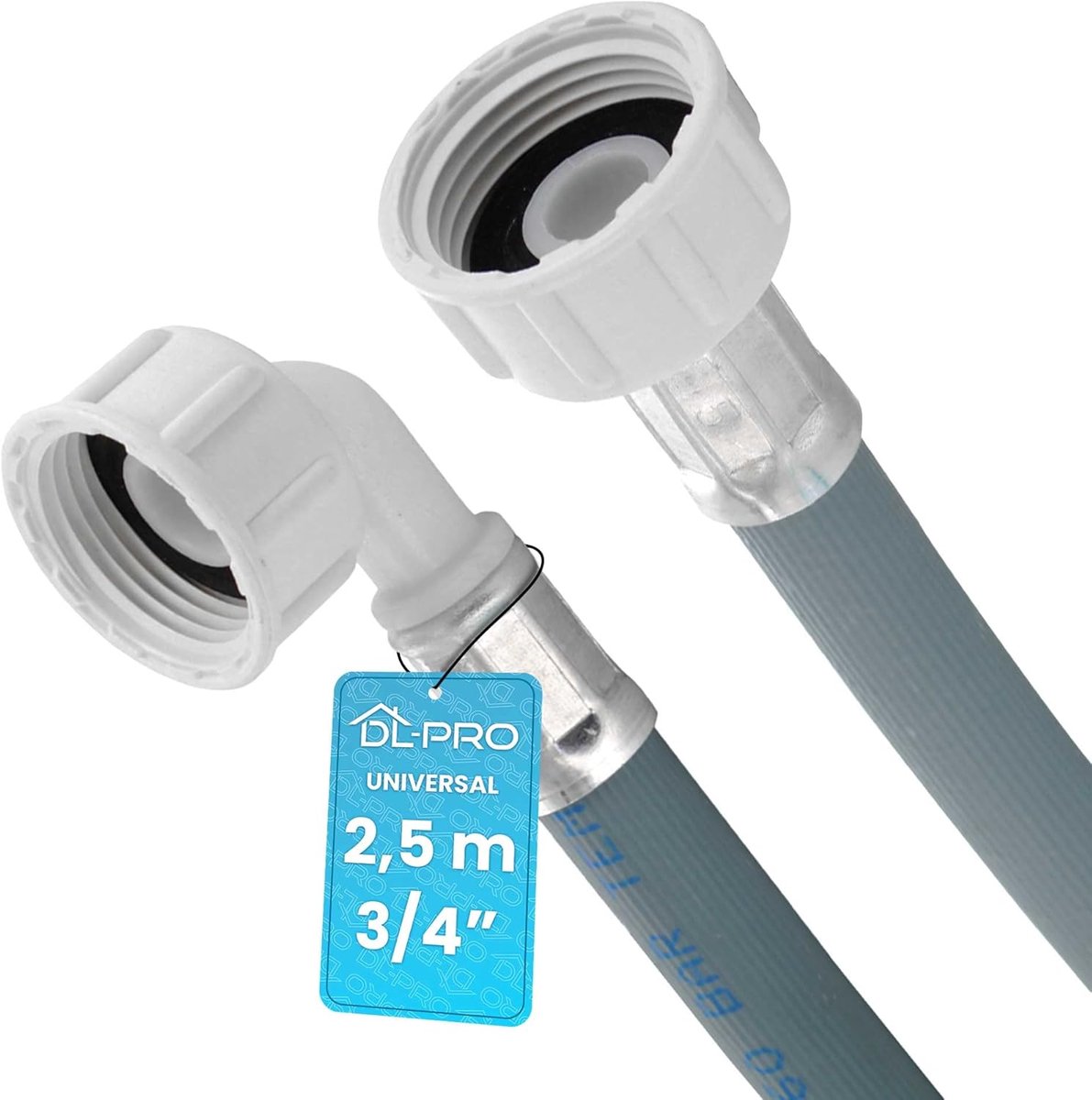SnelShoppen - DL-pro Universele 2.5m Wateraansluitslang 3/4" Recht/Bocht 60Bar voor Wasmachine, Droger, Afwasmachine