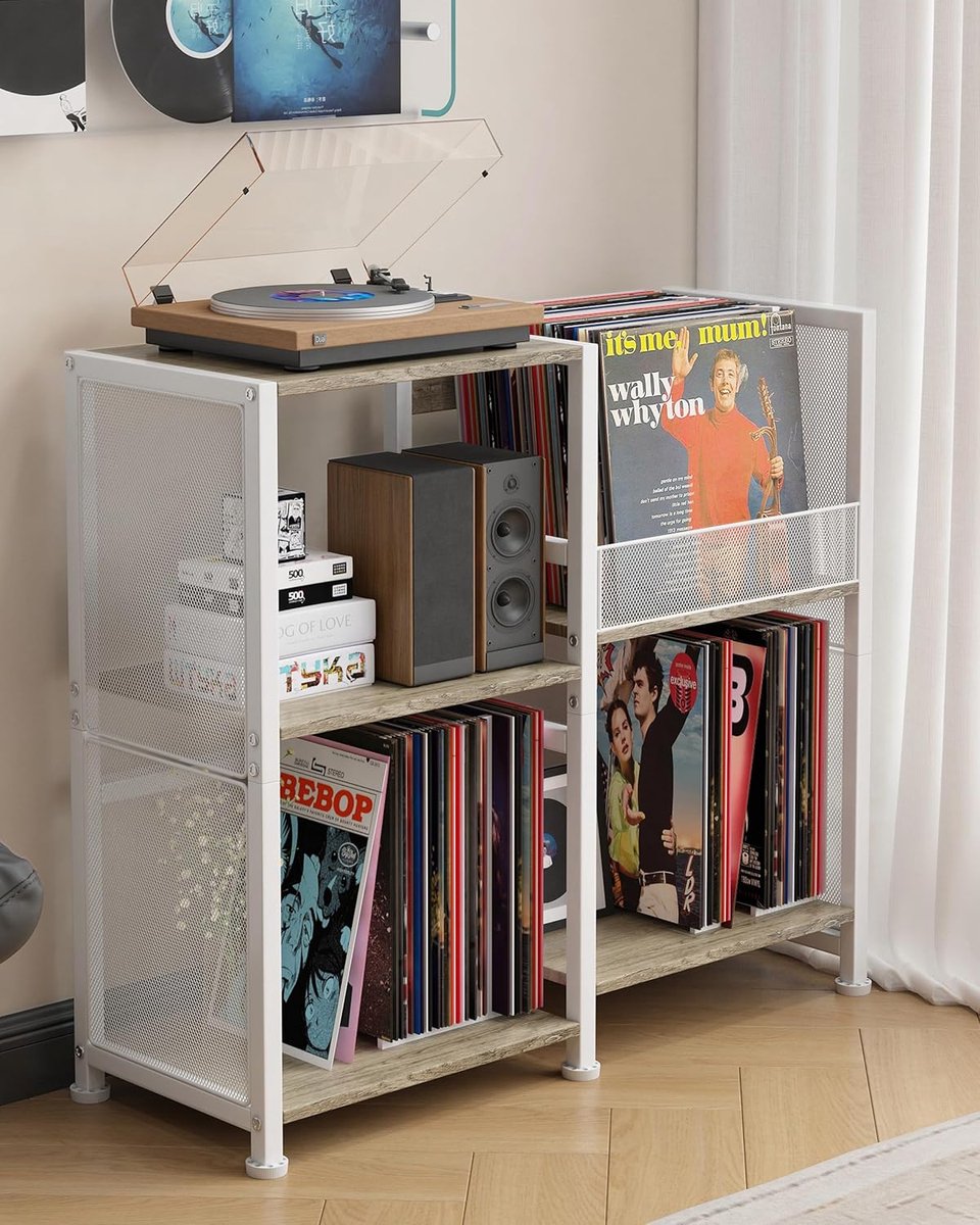 SnelShoppen - Record Player Stand met Opslag, Metalen Plank voor Vinyl Platen (tot 200+ Albums), 3-Lagen Tafel Woonkamer Houten Platenkast, Wit
