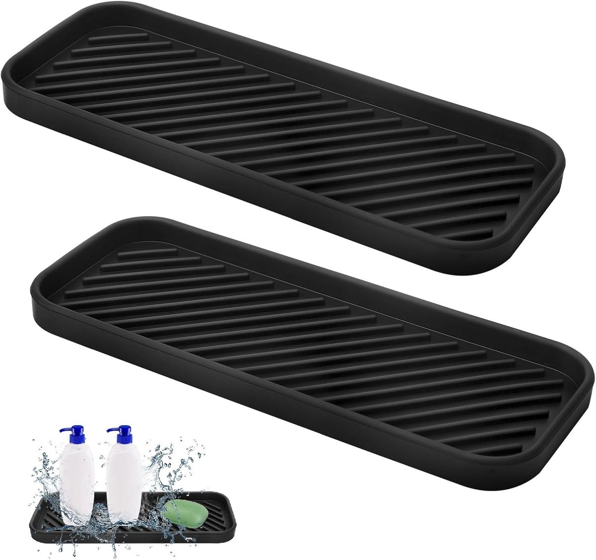 SnelShoppen - Pack van 2 Silicone Draining Mats, 23 x 9 cm, Zwart, Antislip, Sneldrogend, Keuken Organisator voor Sponsen, Borstels en Zeep