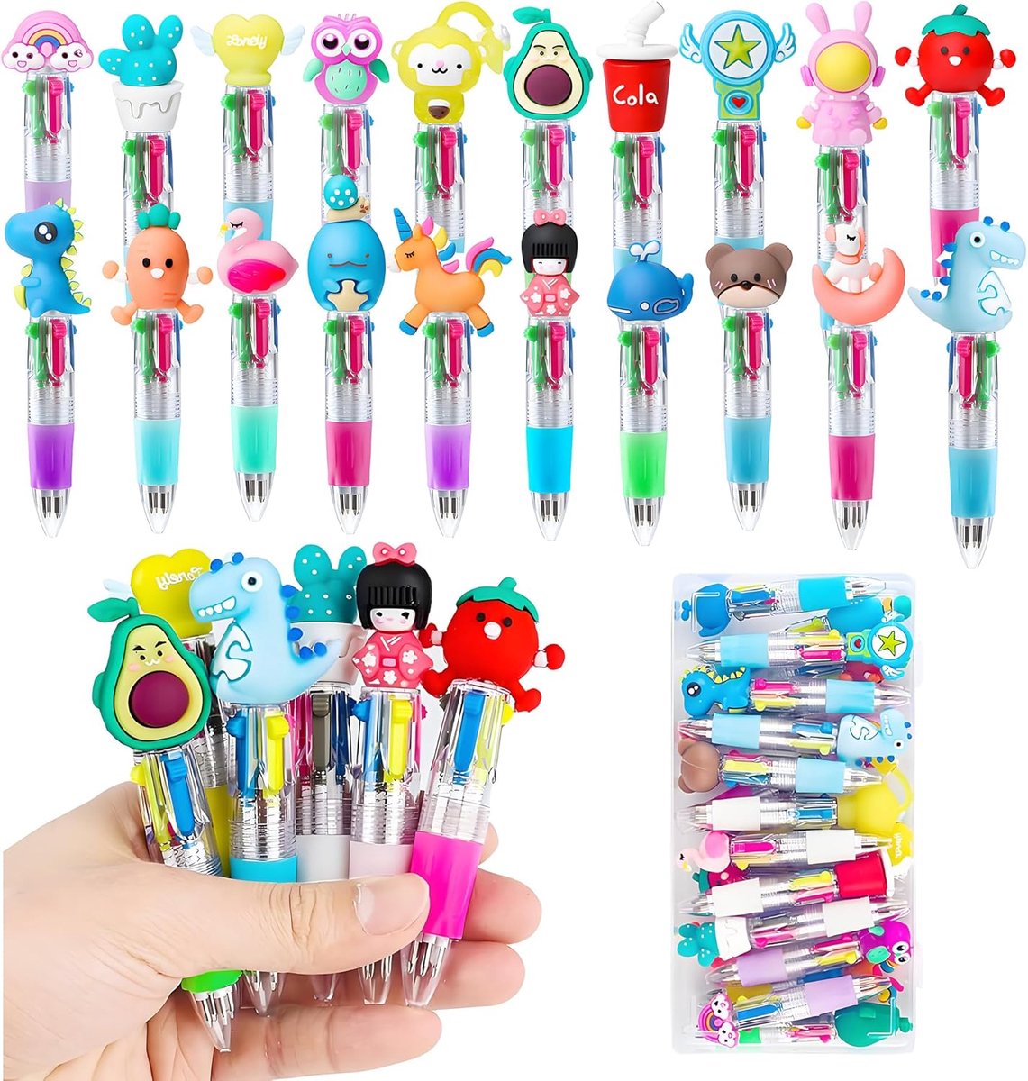 SnelShoppen - 20 Stuks Multi-Kleur Balpen, 4 in 1 Mini Multikleur Pen, Creatieve Schattige Cartoon Pen, 4 Kleur Inklapbare Balpen voor Kantoor, School