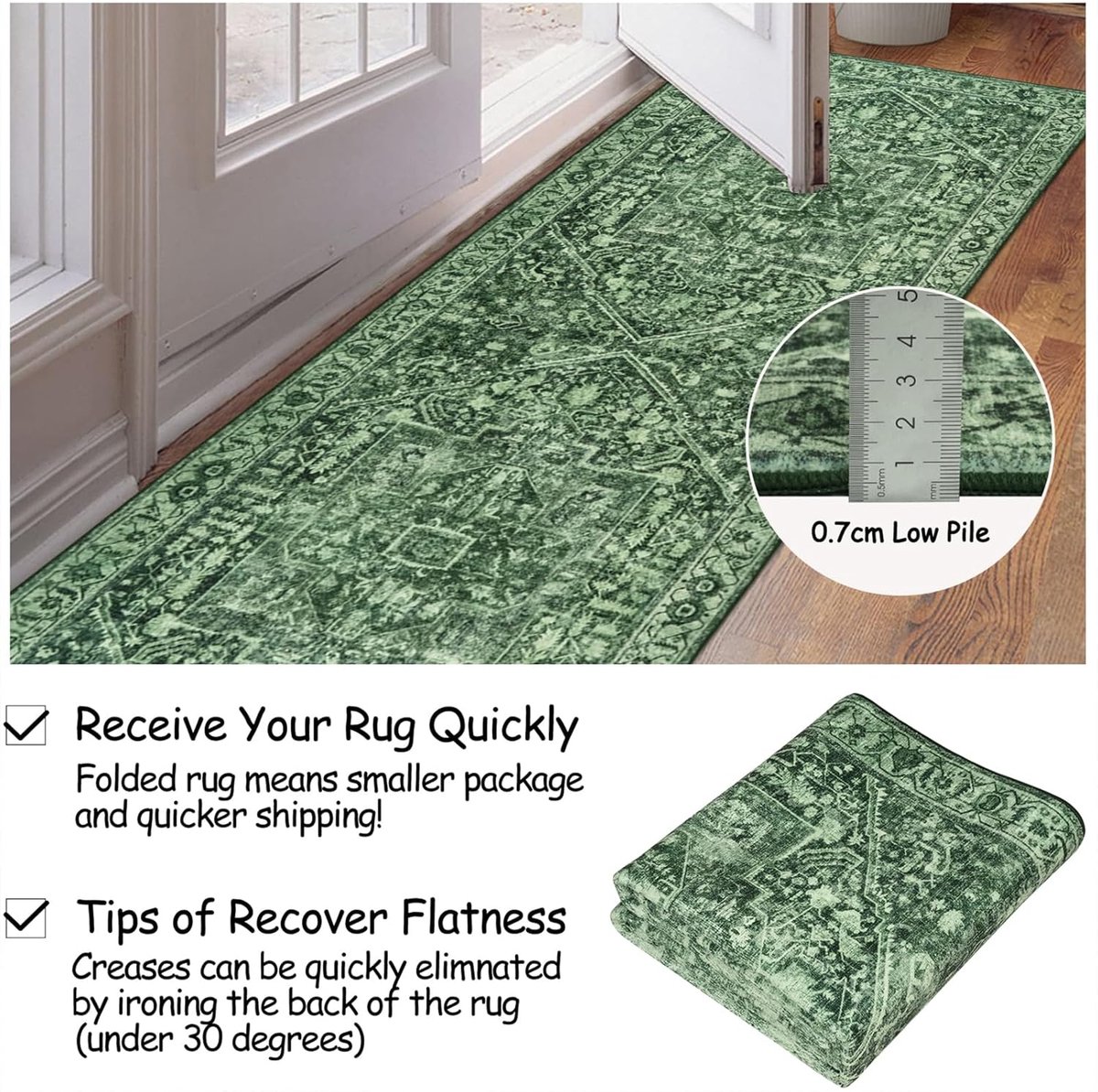 SnelShoppen - Boho Runner Tapijt 80x200cm - Antislip Keukenloper in Groen - Zachte Vloerkleed voor Hal, Keuken, Slaapkamer en Woonkamer - Wasbaar en D