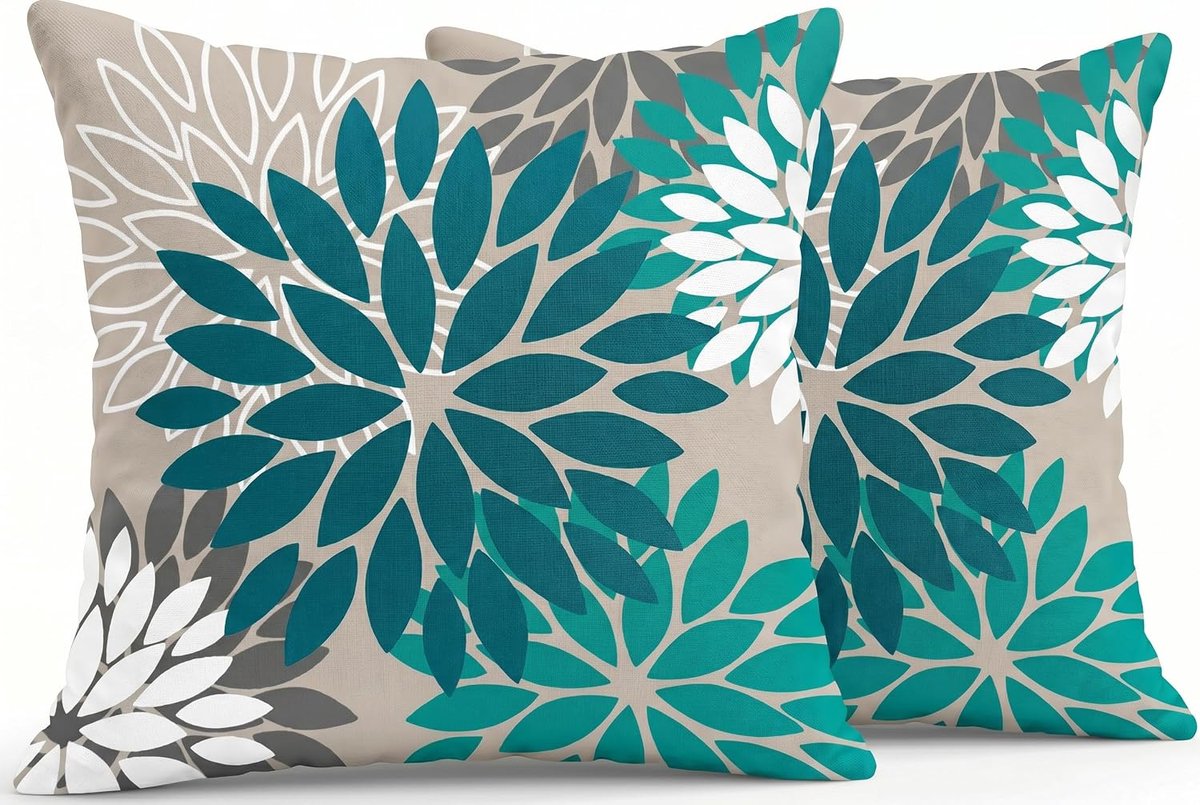 SnelShoppen - Set van 2 Decoratieve Kussenhoezen 40 x 40 cm, Modern Dahlia Design, Dubbelzijdig Patroon, Blauw en Wit, Bloemen, Sofa Kussen, Buiten Ku