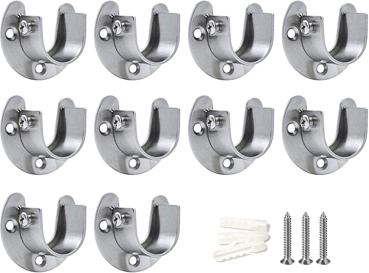 SnelShoppen - RVS Kledingkast Post Bases Sterke Douchegordijnstang Steunflenzen met Schroeven U-vorm 32mm 10 Stuks