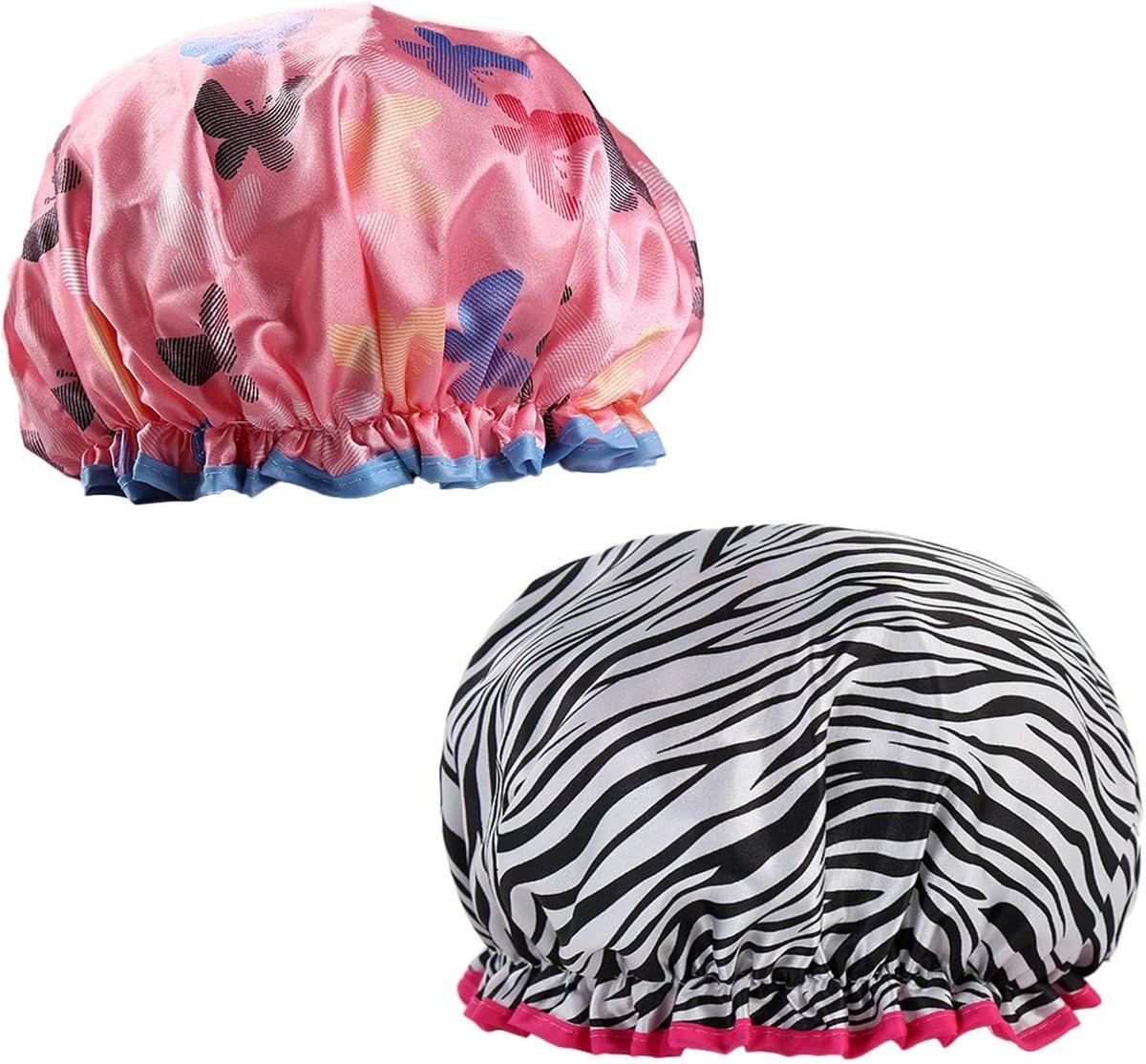 SnelShoppen - 2 stuks douchemuts - waterdichte douchekap met dubbellaags design - herbruikbare douchekap voor dames met trendy vlinder en zebraprint (