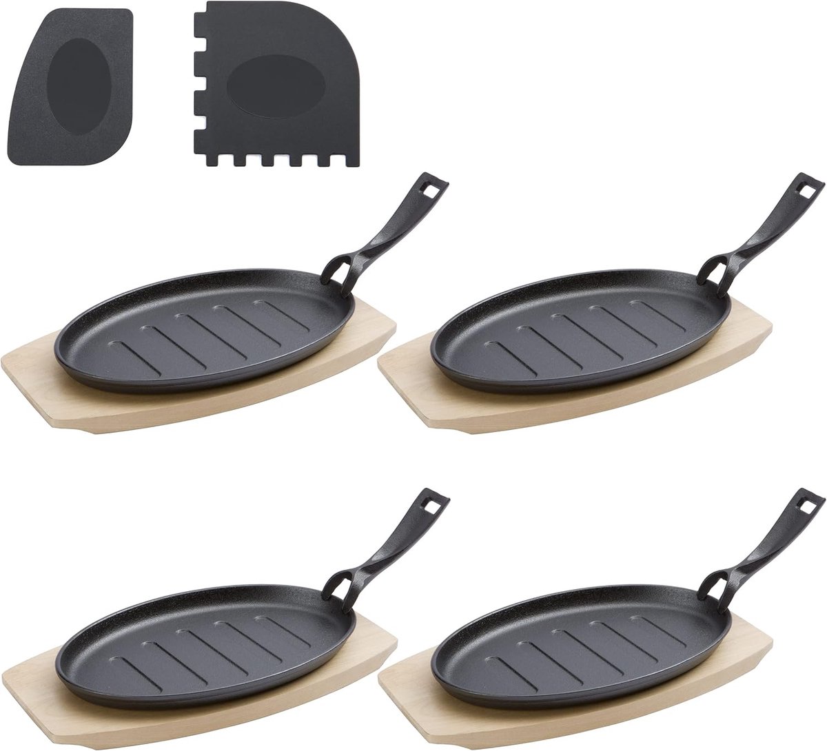SnelShoppen - Gietijzeren Serviepannen Extra Groot 27 cm - Grillpan met FSC Houten Onderzetter 32 cm - Set van 4 Pannen + 2 Schrapers - Perfect voor K