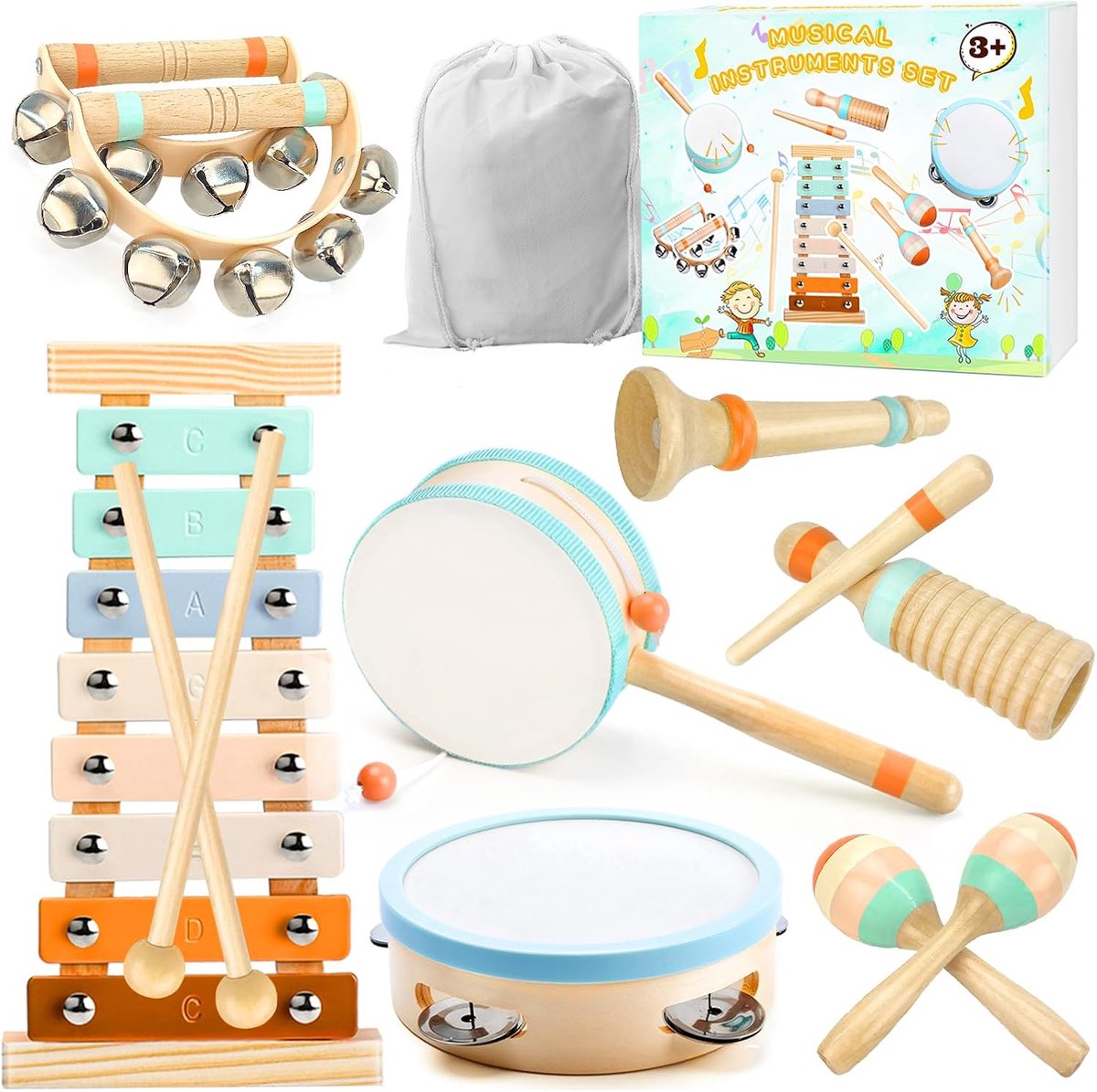 SnelShoppen - Muzikale Instrumenten voor Kinderen, Montessori Speelgoed van Hout, Drum, Xylofoon, Percussie Instrumenten, Baby Muziek Speelgoed, Verja