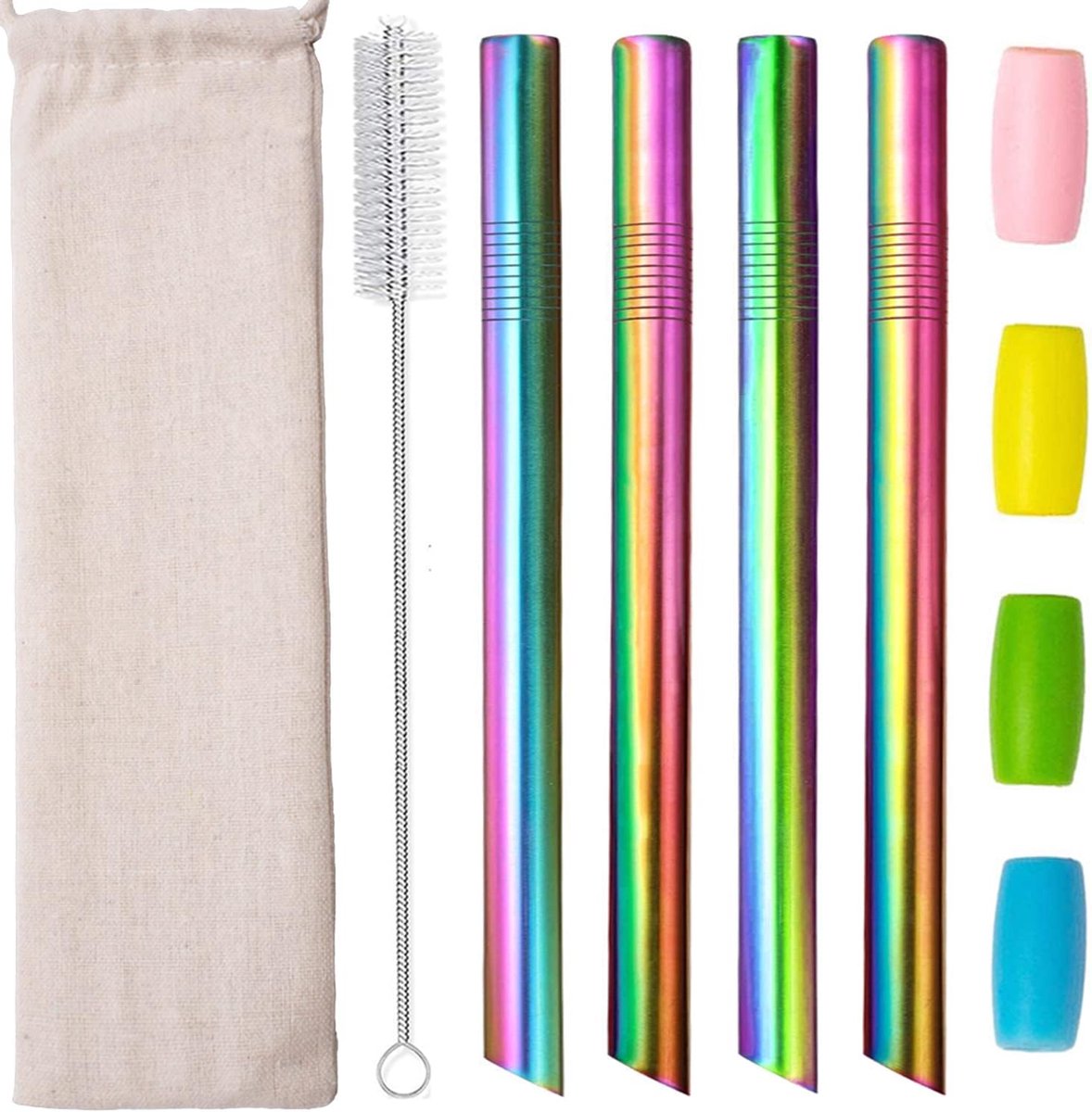 SnelShoppen - Smoothie Boba Rietjes Set - Dikke Herbruikbare RVS Straws met Hoekige Tips - Jumbo Bubble Tea Rietjes - 12mm 4-Pack Inclusief Reistas en
