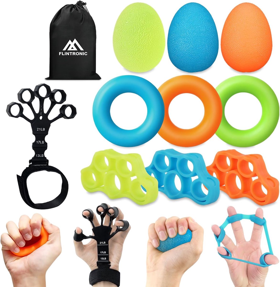 SnelShoppen - Flintronic Hand Trainer Set - 11-delige Vinger Trainer met 3 Weerstandslevels voor Klimmen, Gitaar, Piano - Gripringen, Vingerringen & E
