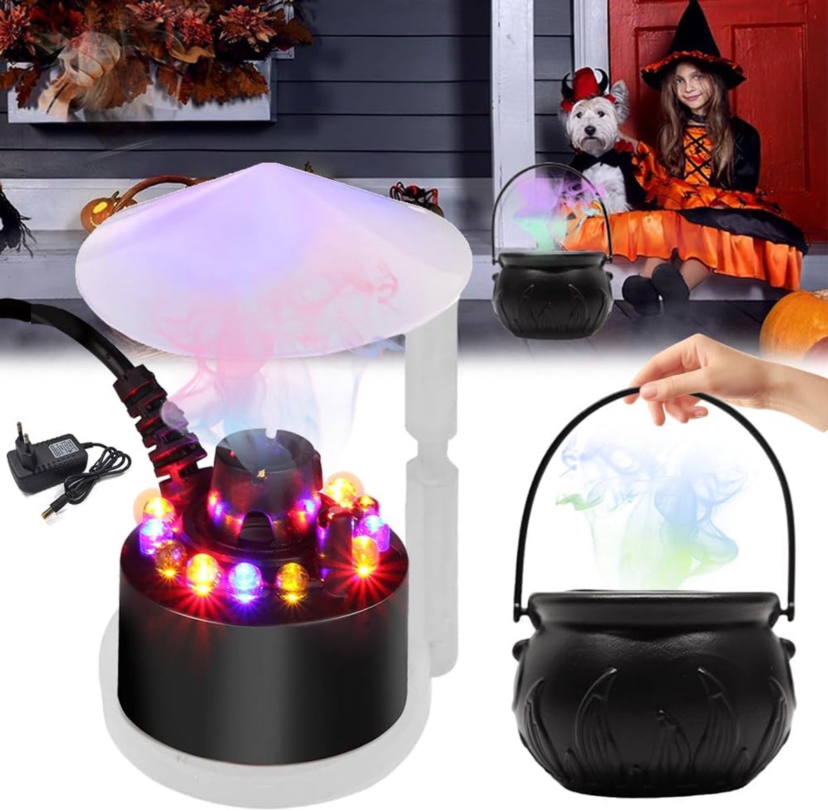 SnelShoppen - Fog Maker, Mini Ultrasonic Nebulizer met LED en Heksenketel, Splash Guard, Ultrageluid Mistapparaat voor Halloween Decoratie, Feest, Tui