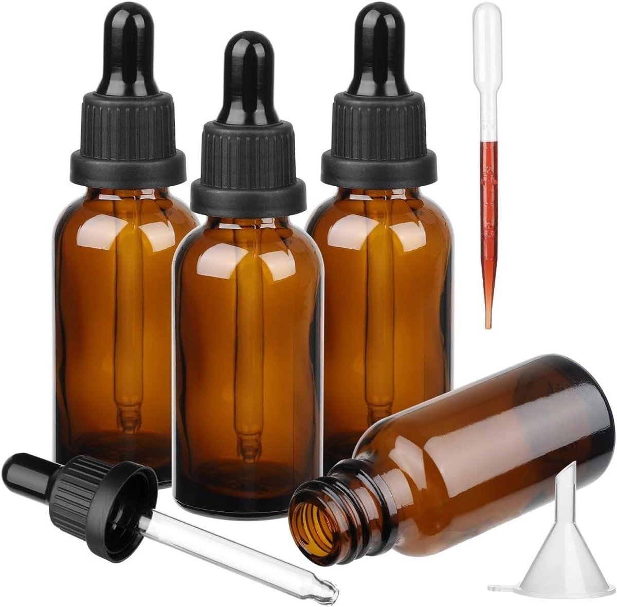 SnelShoppen - Amber Glazen Fles met Glazen Pipet - 4 x 50ml Doseringsflessen Navulbaar voor Essentiële Olie en Aromatherapie Mixen - UV en Blauw Licht