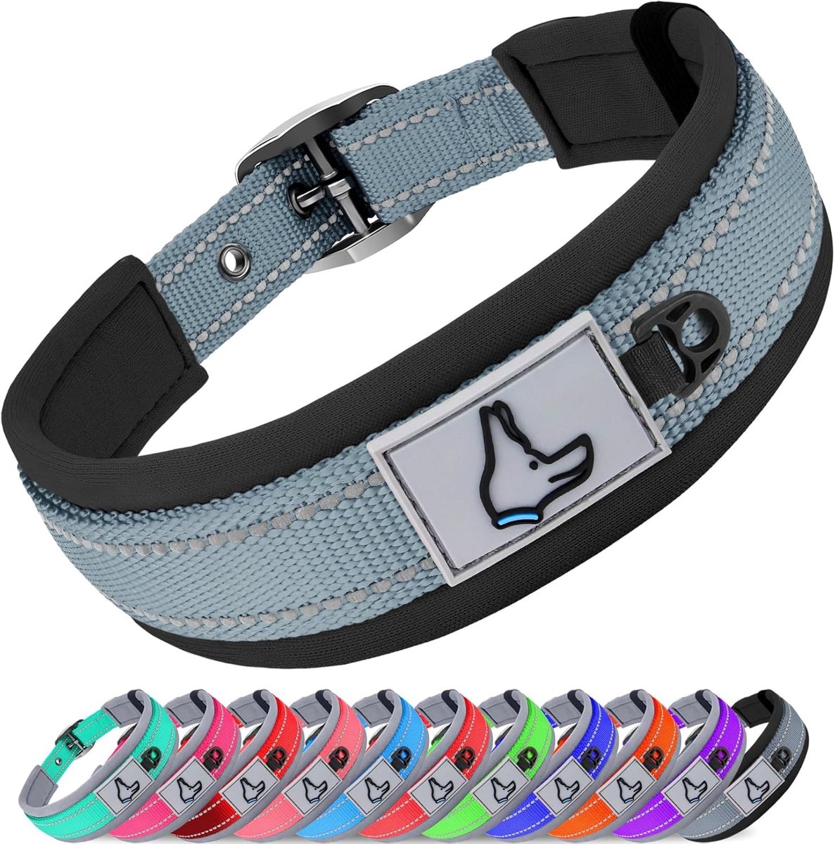 SnelShoppen - Hondenhalsband Groot - Neopreen Gevoerd en Verstelbaar, Reflecterend, Stevig met Duurzame Metalen Leash Sluiting voor Wandelen, Grijs, M